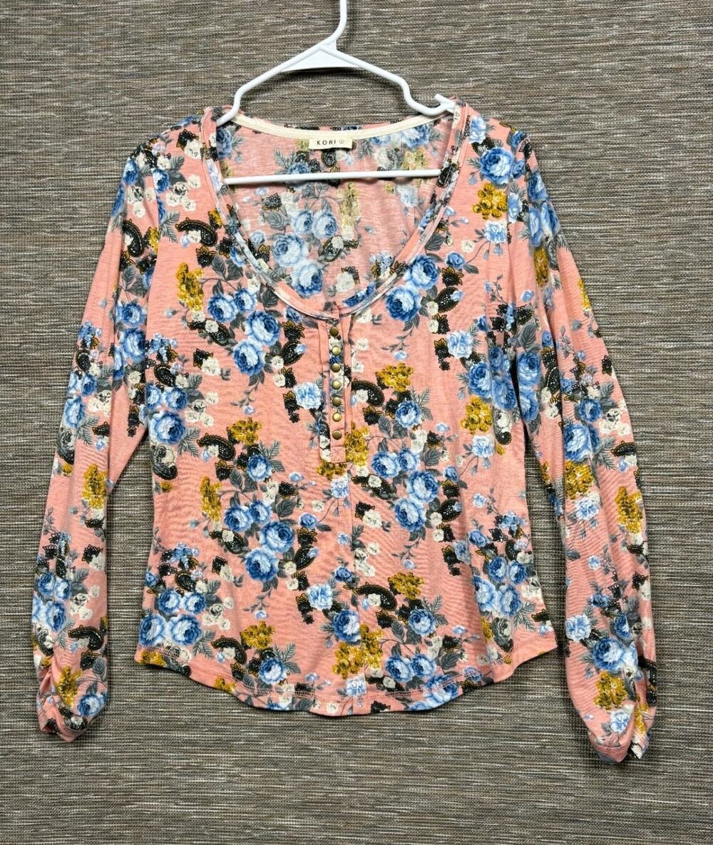 Kori America Floral Top Womens Size L Pink Multicolor Long Sleeve Button Front